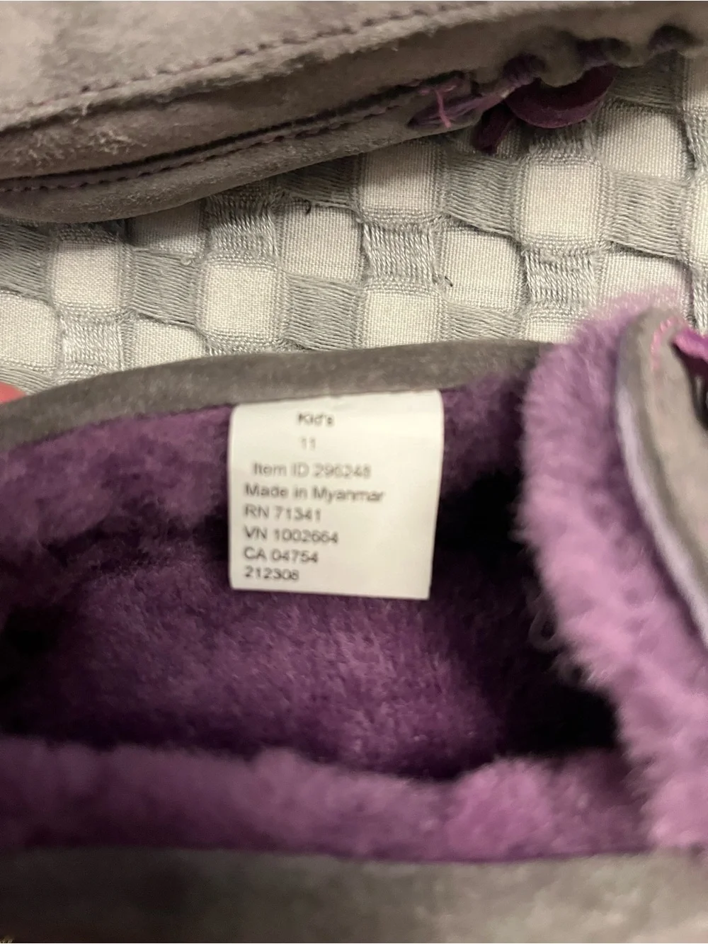 L.L. Bean Gray Suede Kids Moccasins with Purple Lining